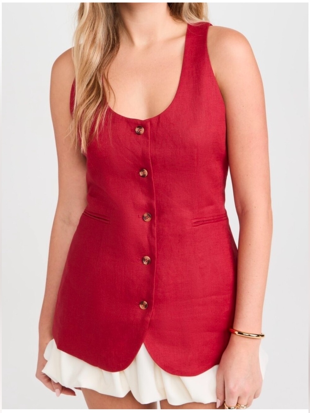 Posse Ruben Gilet Vest Linen Cherry Preppy Tie Back S old Money
